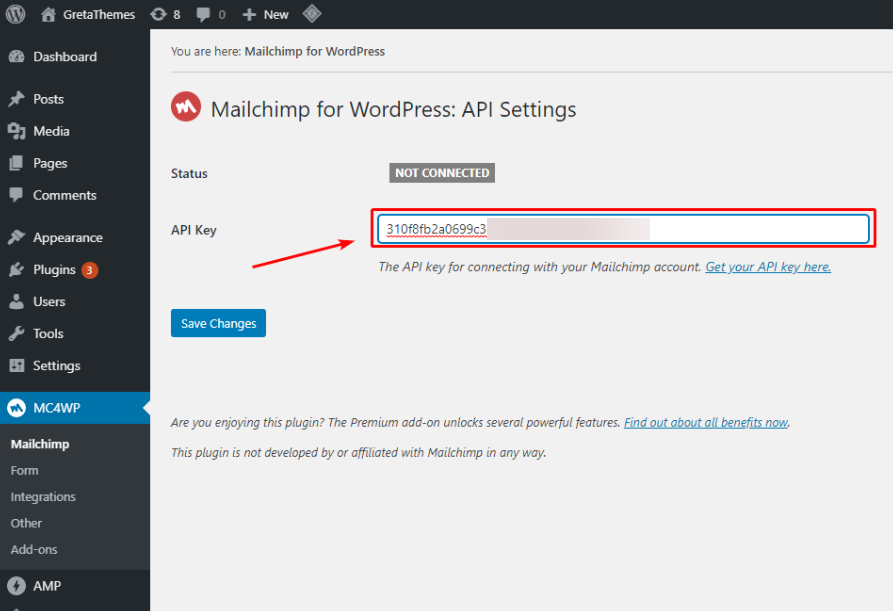 Введите ключ в часть настроек плагина MailChimp