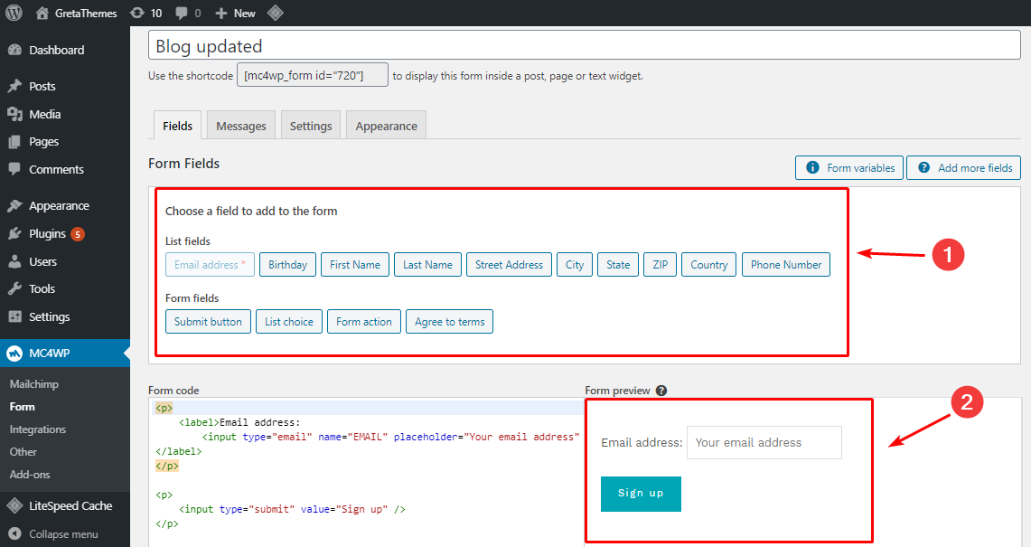 Выберите поля и формы, которые вы хотите включить в MailChimp.