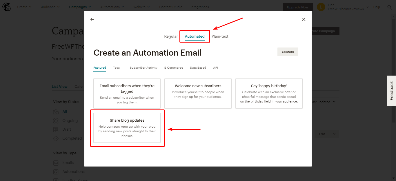 Выберите «Автоматизировать» для автоматической отправки сообщений блога по электронной почте.