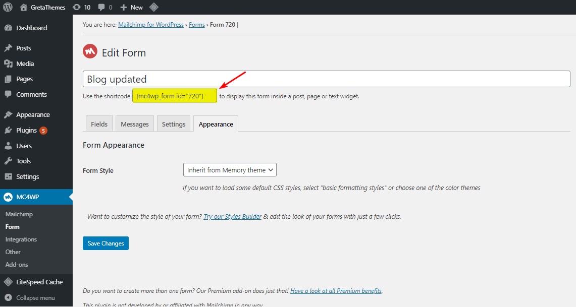 Вставка шорткода созданной формы в нужное сообщение блога.