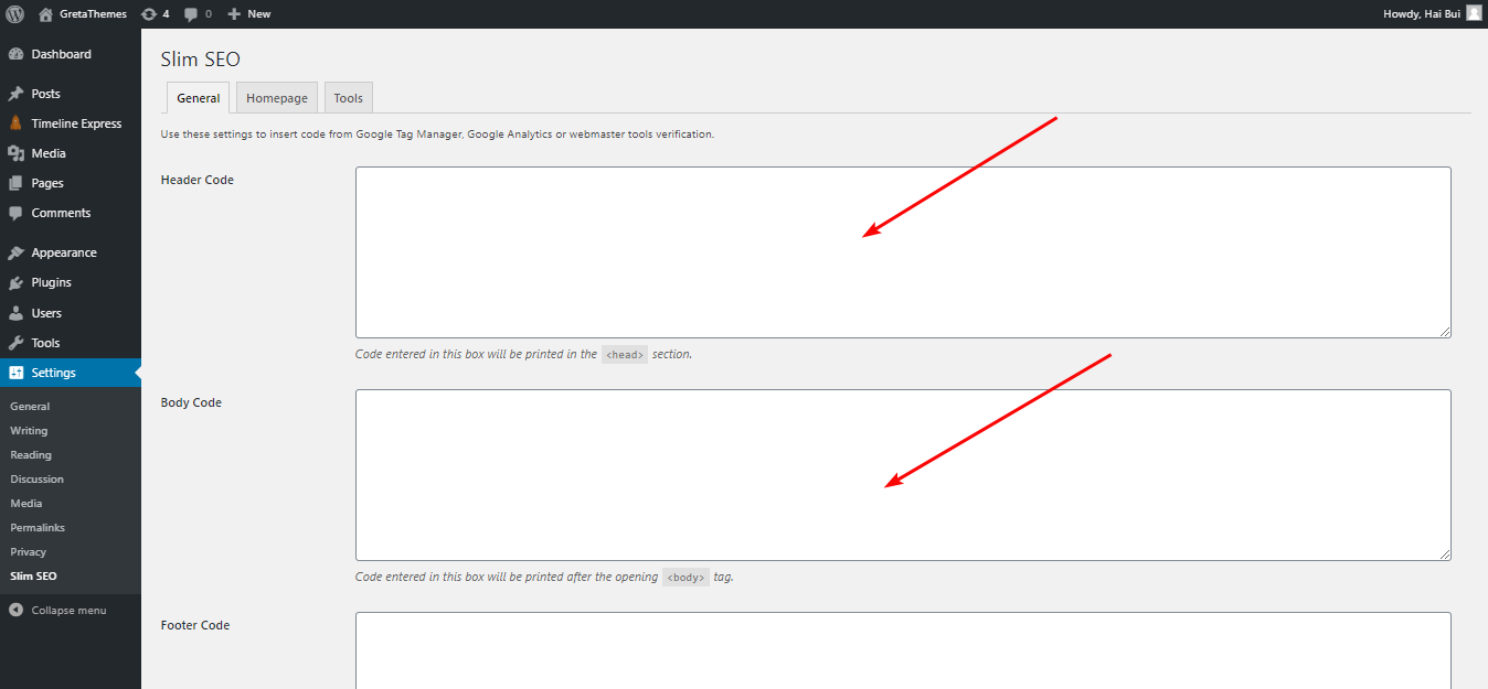 L'onglet Général vous permet d'ajouter simplement du code de tiers à Slim SEO.