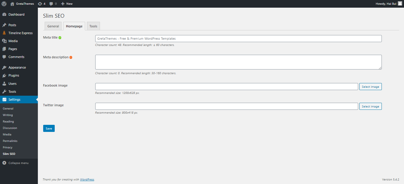 Configurer l'onglet de la page d'accueil de Slim SEO