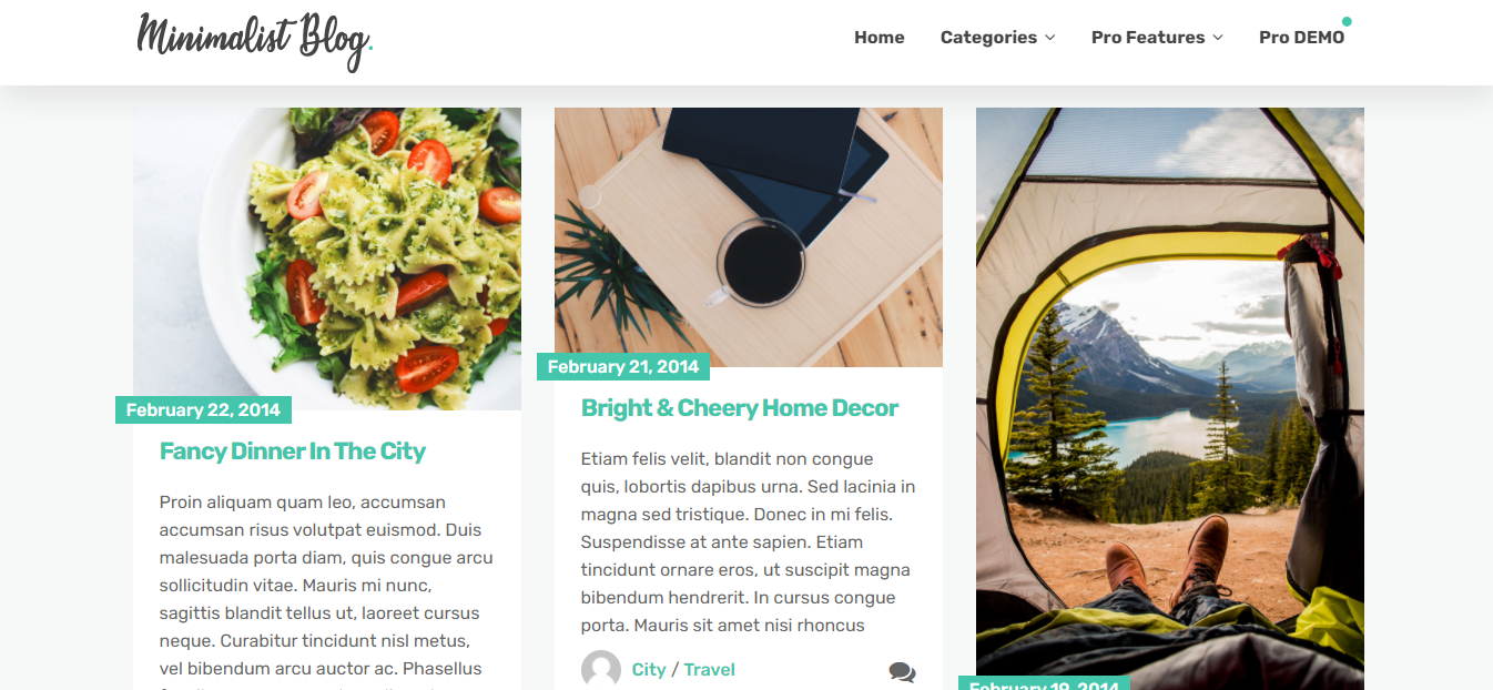 미니멀리스트 블로그는 여행 블로그 및 개인 블로그에 적합한 3열 WordPress 테마입니다.