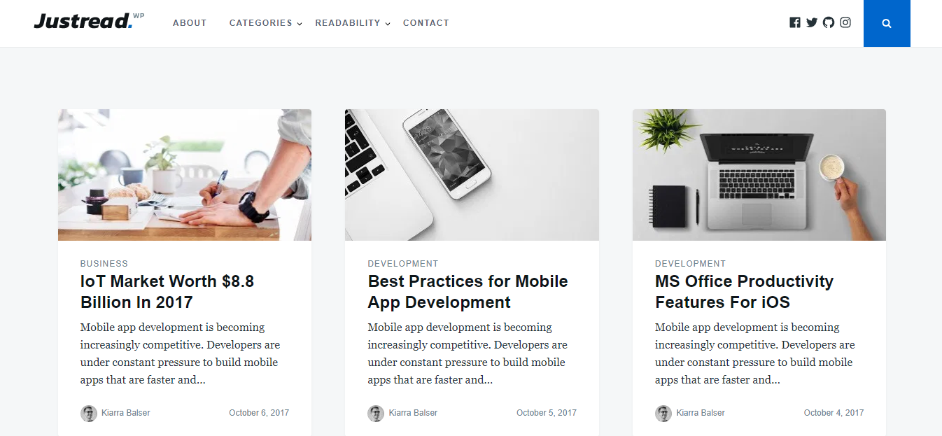 Justread는 읽기 경험에 중점을 둔 간소화된 디자인의 최소한의 무료 WordPress 테마입니다.