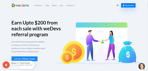 WeDevs memungkinkan blogger afiliasi untuk mendapatkan 20% dari setiap penjualan yang dilakukan.