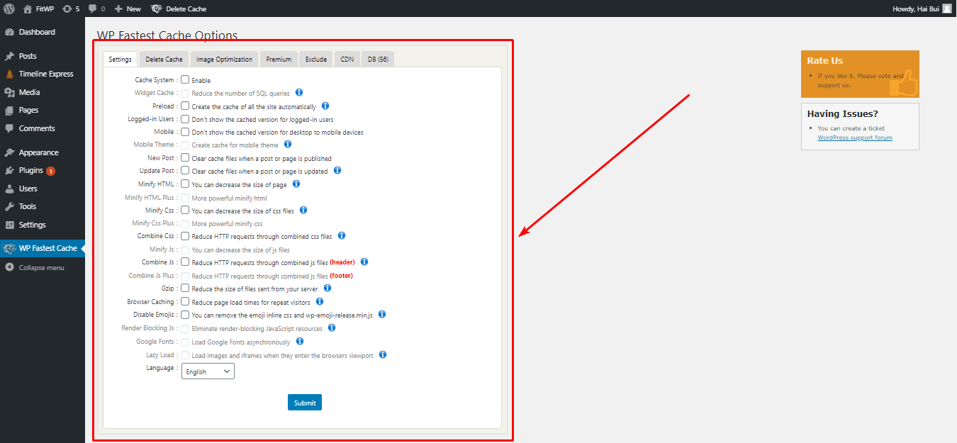 Все параметры плагина Fastest Cache расположены только в одной вкладке настроек.