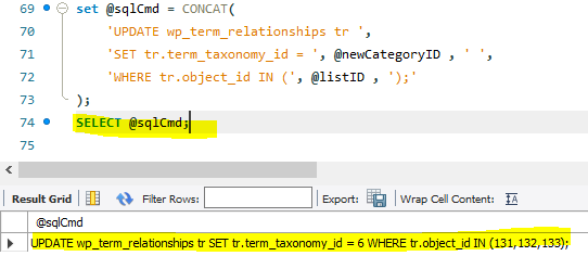 SQLコマンドを確認して、指定されたIDリストで投稿を更新します。