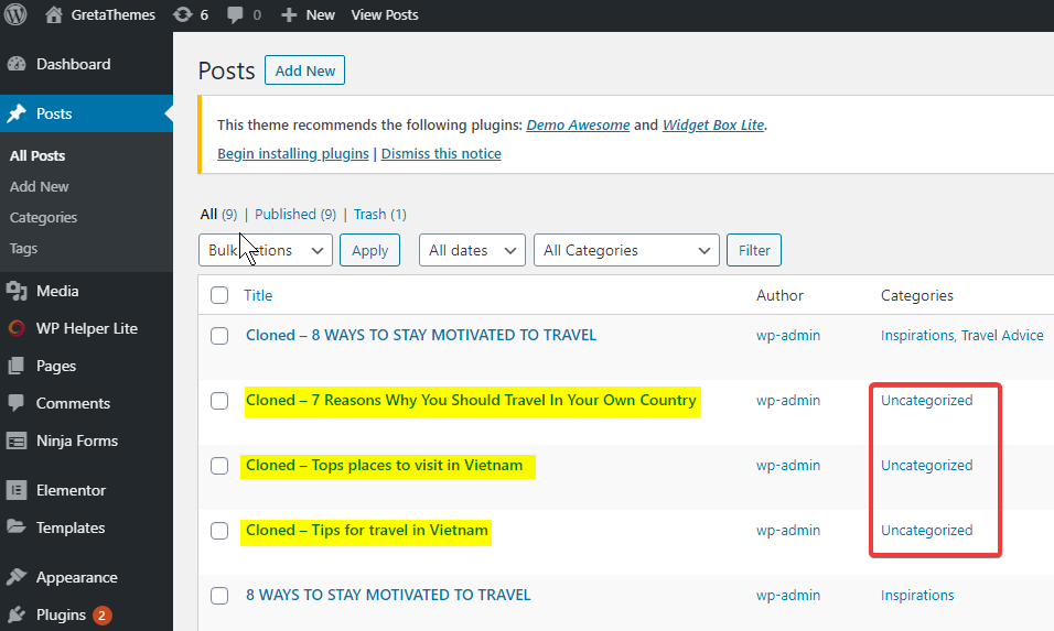 3つの投稿のIDリストを取得して、それらのカテゴリの選択を一括で解除します。