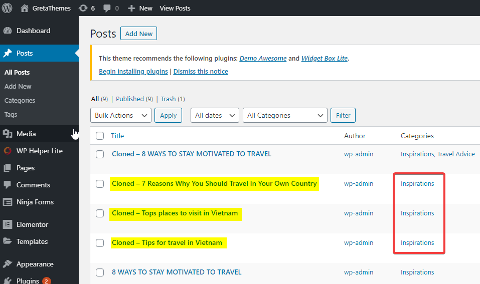 プラグインなしの投稿のカテゴリを一括で選択解除した結果。