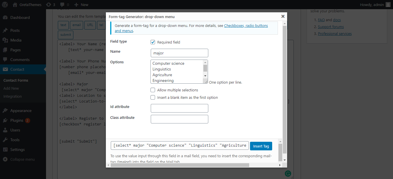Crie um campo para selecionar majores e locais de estudo do formulário de contato