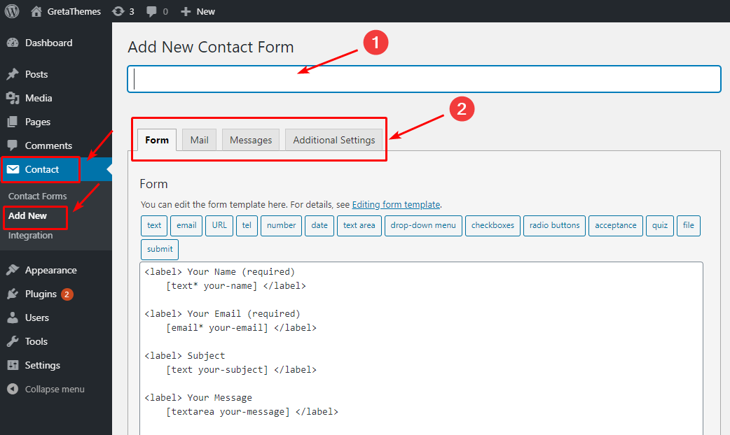 A interface do plugin Contact Form 7.