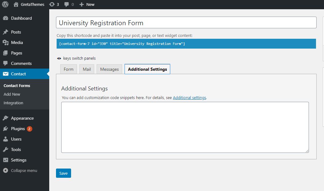 Configure outras configurações adicionais do plugin Contact Form 7
