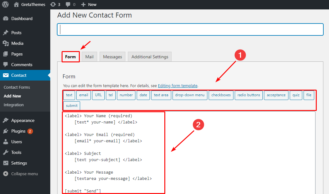 Crie campos na guia Form do plugin do Formulário de Contato.