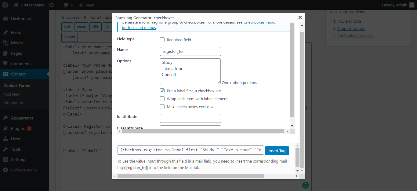 Crie um campo para escolha do objetivo da inscrição para o formulário de contato