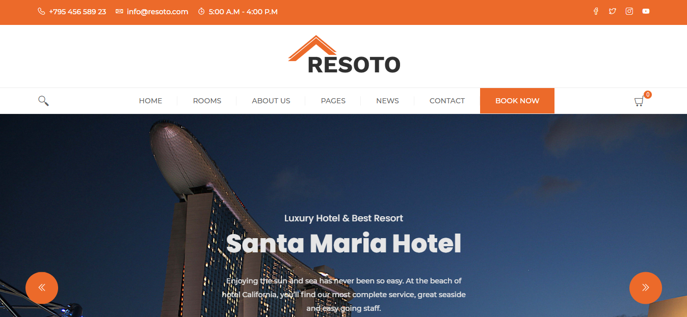 Resoto - замечательная бесплатная тема WordPress, предназначенная для курортов, отелей, вилл и гостиничного бизнеса.