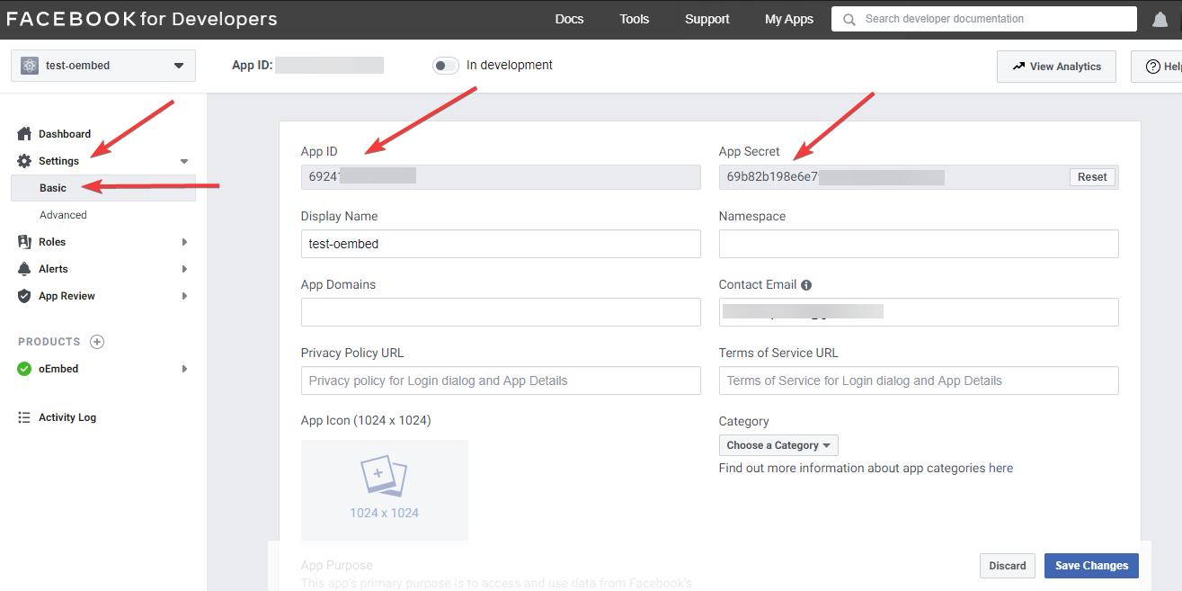 Obtenga el ID de la aplicación y el secreto de la aplicación para solucionar el problema de oEmbed
