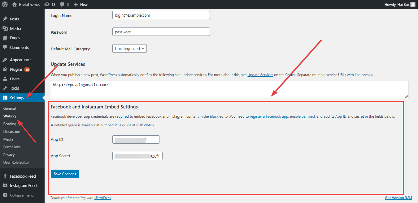 Ingrese el ID de la aplicación y el secreto de la aplicación en el complemento oEmbed Plus