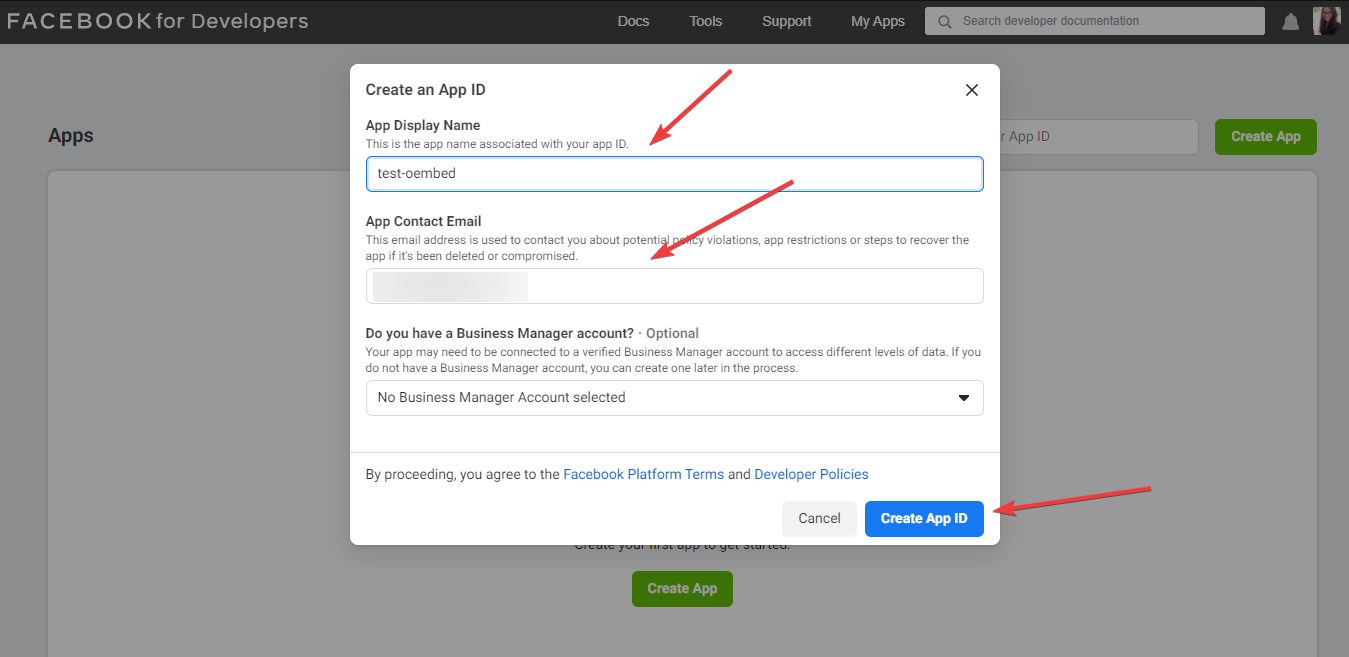 Registre una nueva aplicación de Facebook