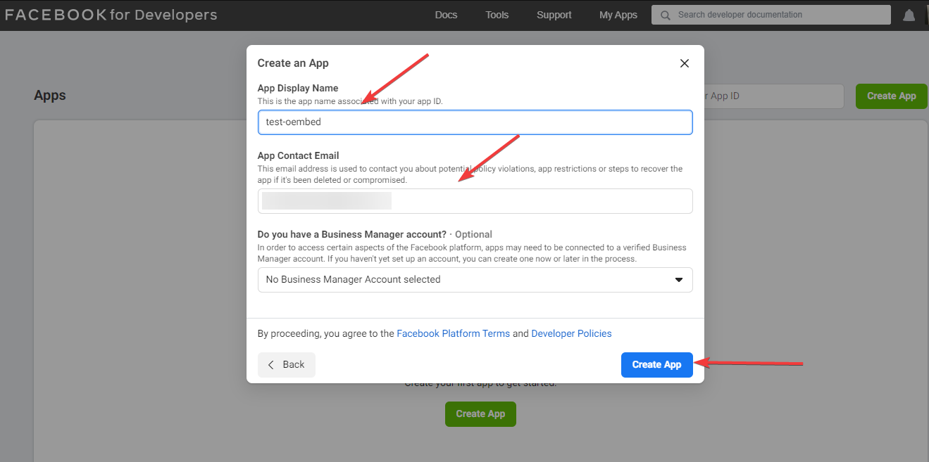 Cree una nueva aplicación para solucionar el problema de oEmbed