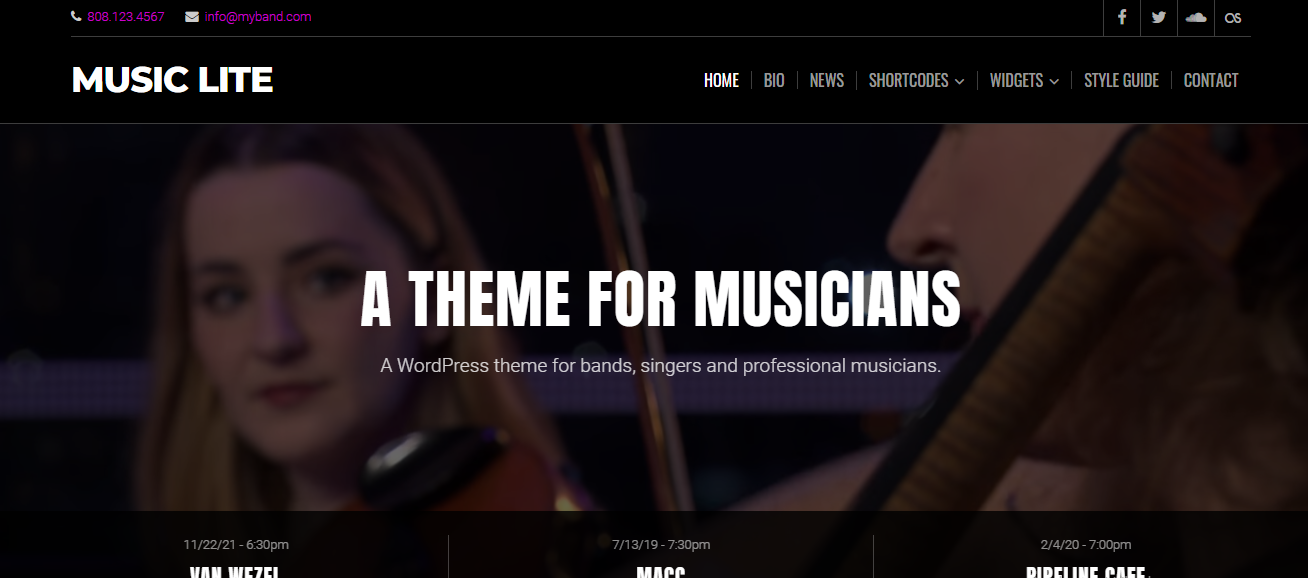 Music Lite는 밴드, 가수, 기악 연주자, DJ 및 뮤지컬 아티스트에게 적합한 단순하고 우아한 음악 테마입니다.