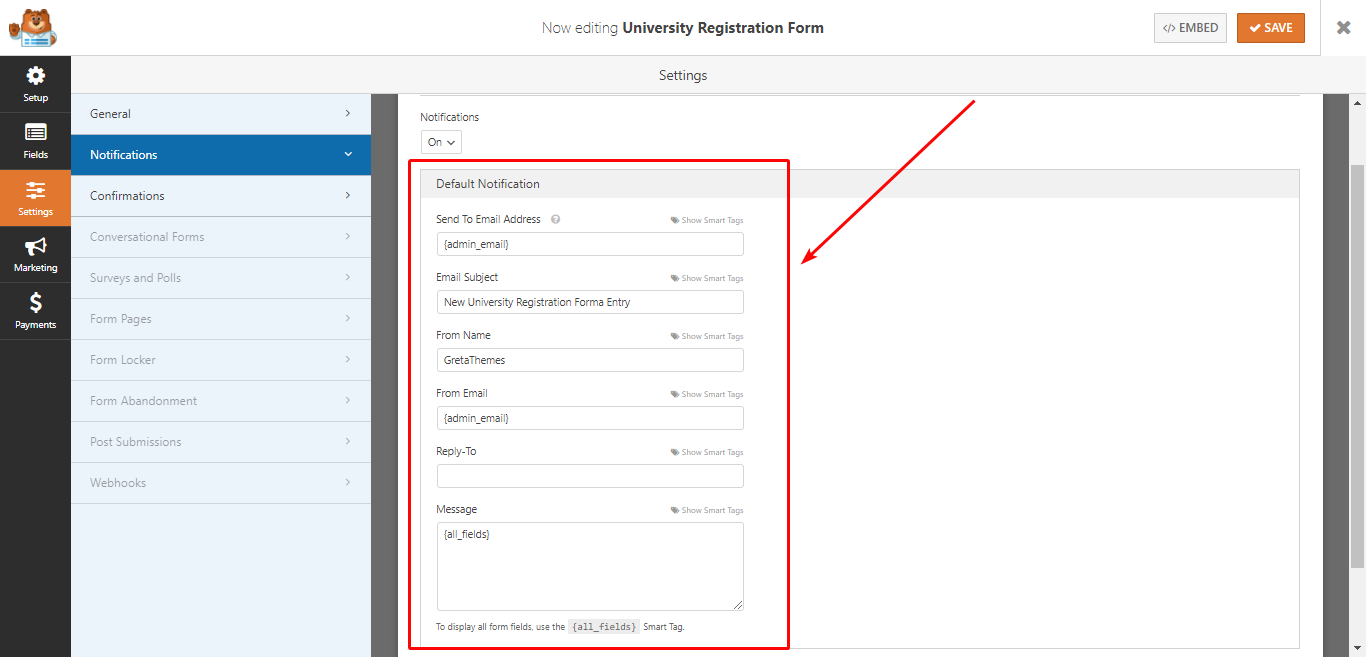 WPFormsプラグインの通知を構成します