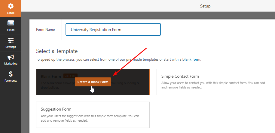 空白のフォームで大学登録連絡フォームを作成する
