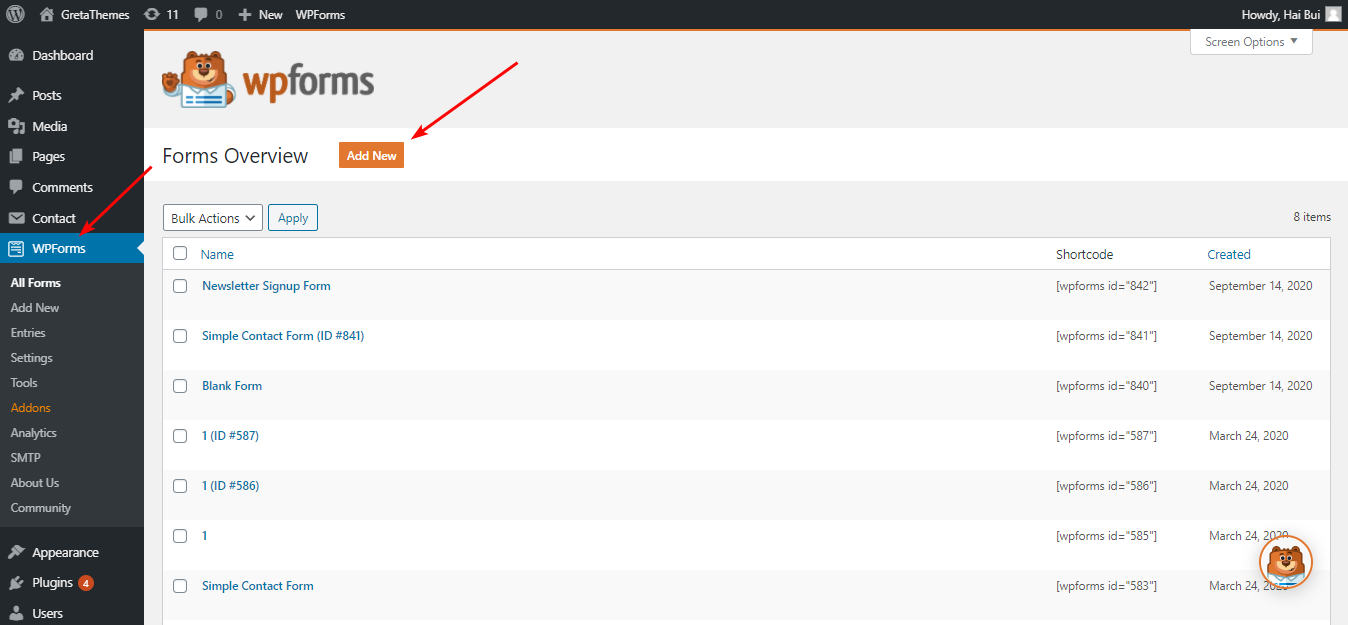 WPFormsプラグインを使用して新しい連絡先フォームを作成する