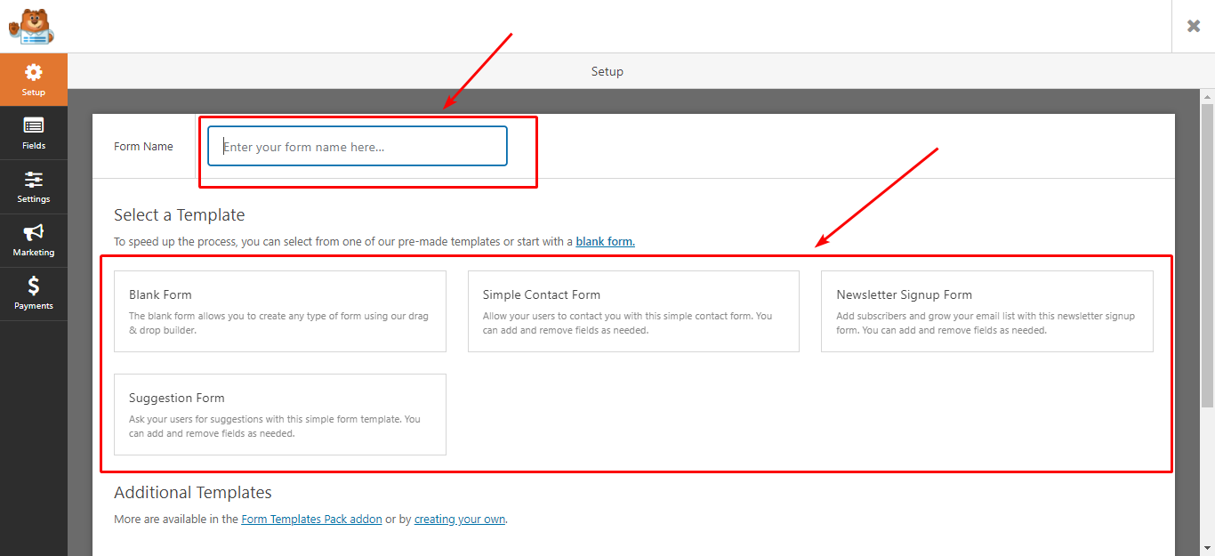 お問い合わせフォームに必要なテンプレートを選択します。