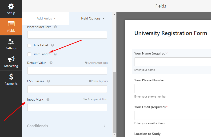 1行のテキストフィールドの詳細オプション