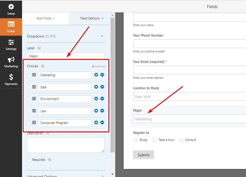 「調査する場所」と「主要な」フィールドをカスタマイズする