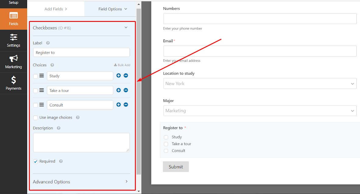 「登録先」フィールドをカスタマイズする