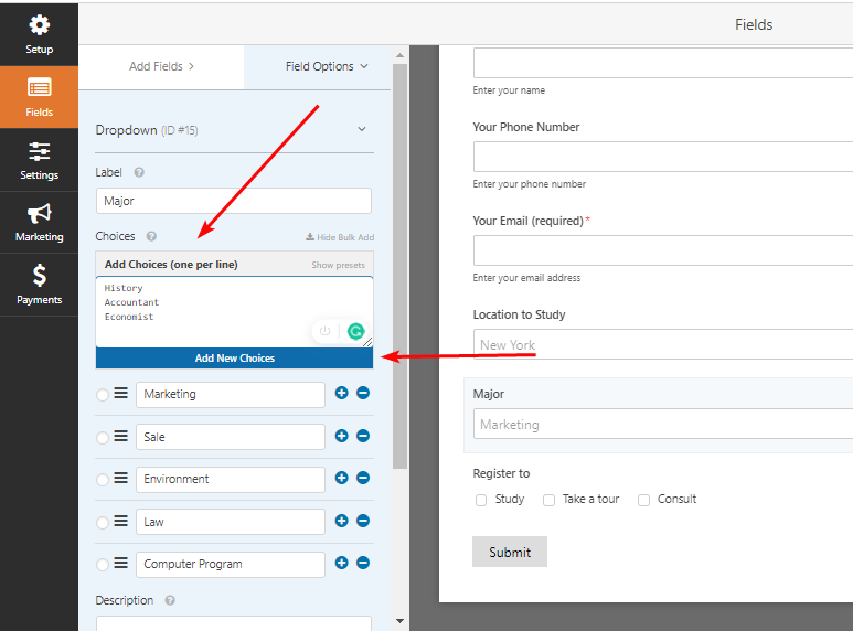 お問い合わせフォームのドロップダウンメニューに選択肢を追加します