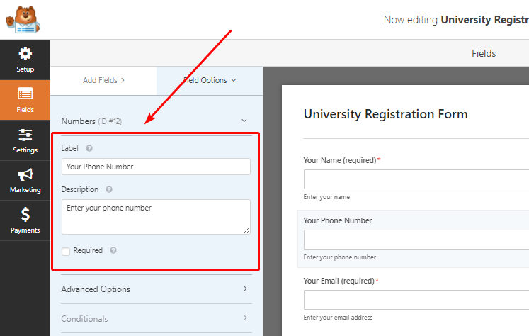 「あなたの電話番号」フィールドをカスタマイズする