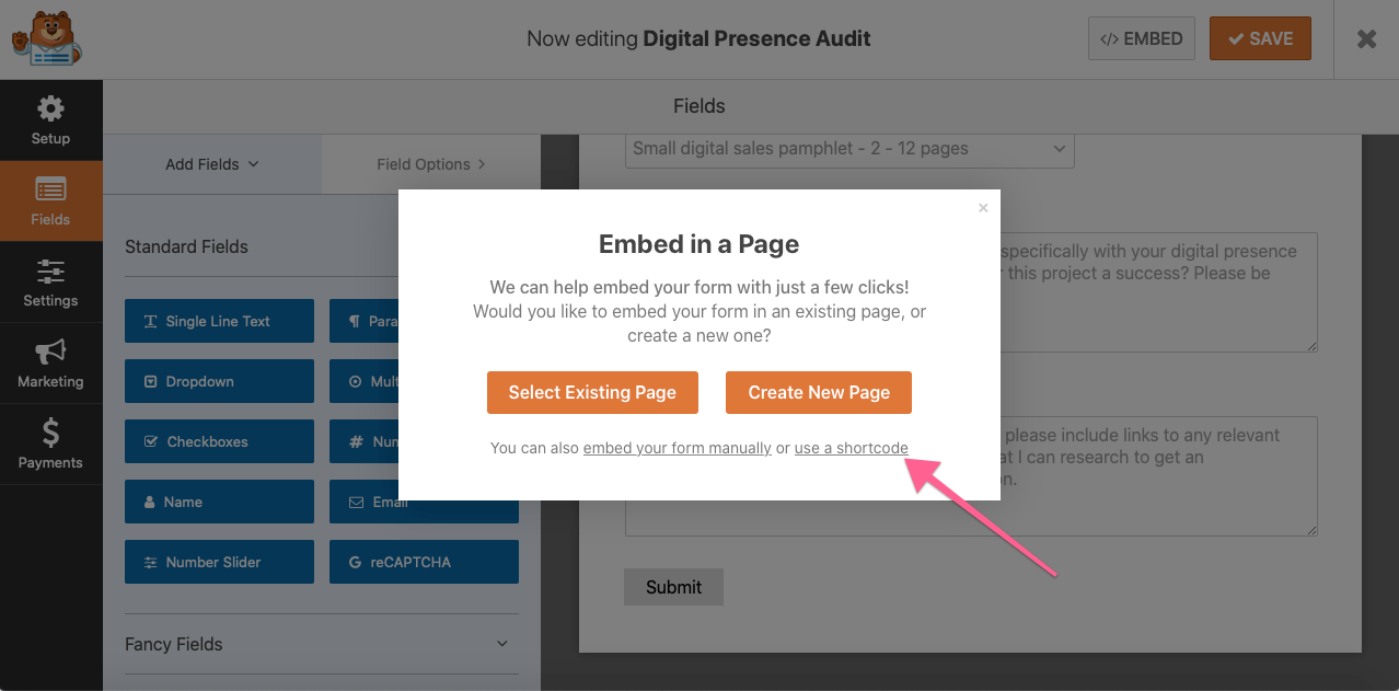 Получить шорткод клиентской формы в WPForms