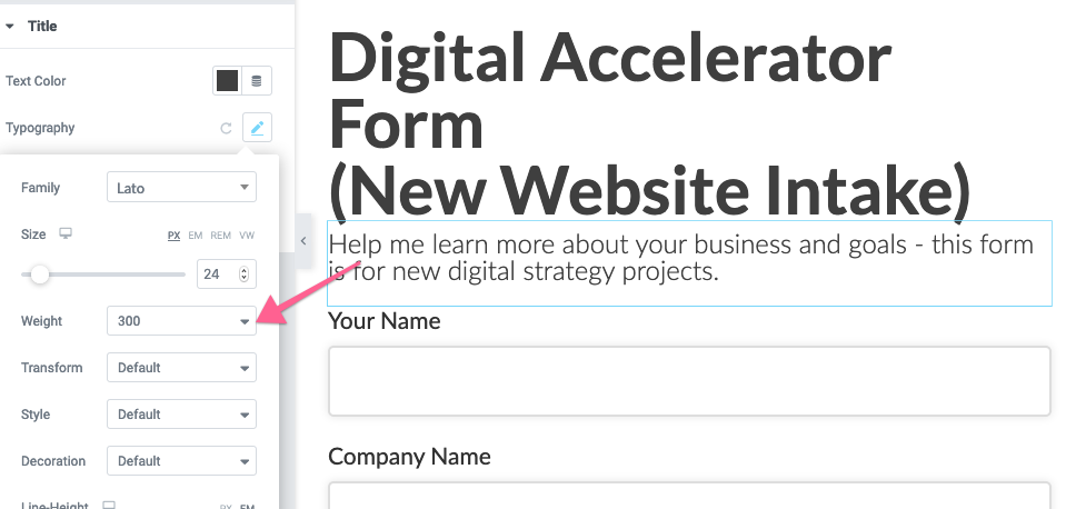 Сделать подзаголовки формы клиента агентства WordPress иметь меньший вес, чем средний.