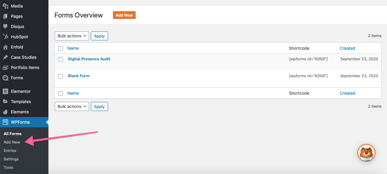 Добавить новую контактную форму в WPForms