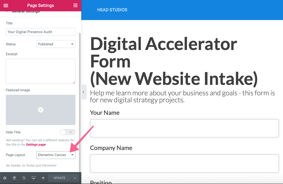 Создайте страницу Elementor с типом Canvas