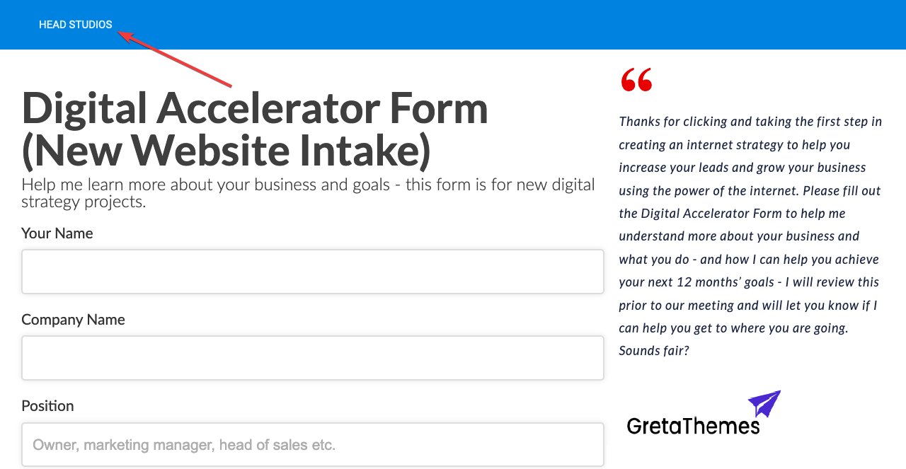 Добавьте небольшой заголовок в клиентскую форму агентства WordPress.