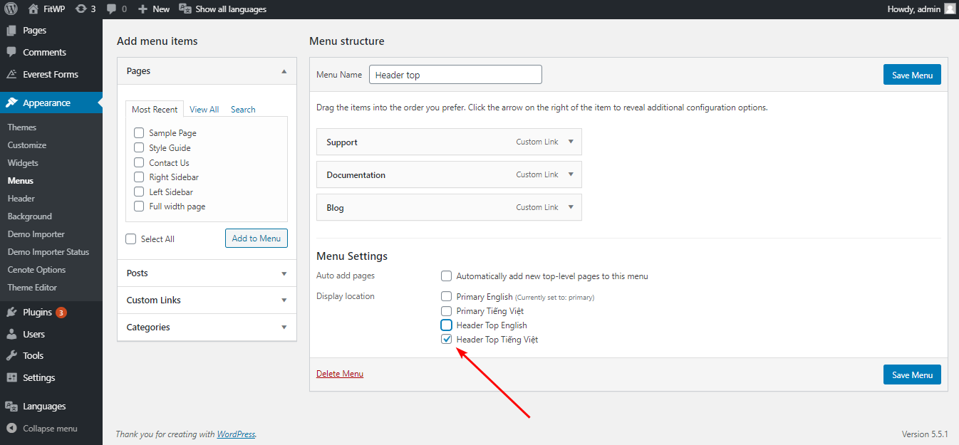 يقوم المكون الإضافي للترجمة Polylang بترجمة القوائم عن طريق إنشاء قائمة منفصلة لكل إصدار لغة.