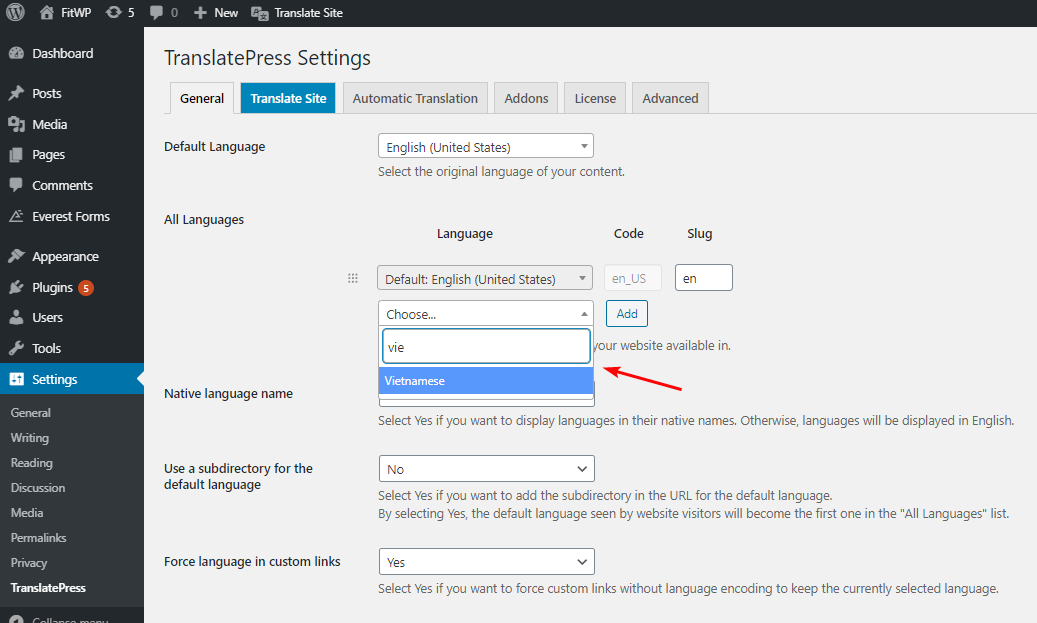 يعد إعداد المكوّن الإضافي TranslatePress أكثر تعقيدًا قليلاً من المكوّن الإضافي للترجمة Polylang