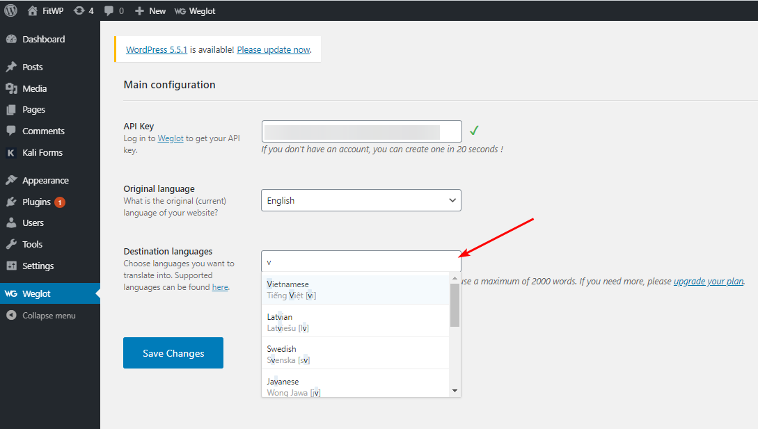 قم بإعداد Weglot plugin عن طريق إنشاء حساب والحصول على مفتاح API.