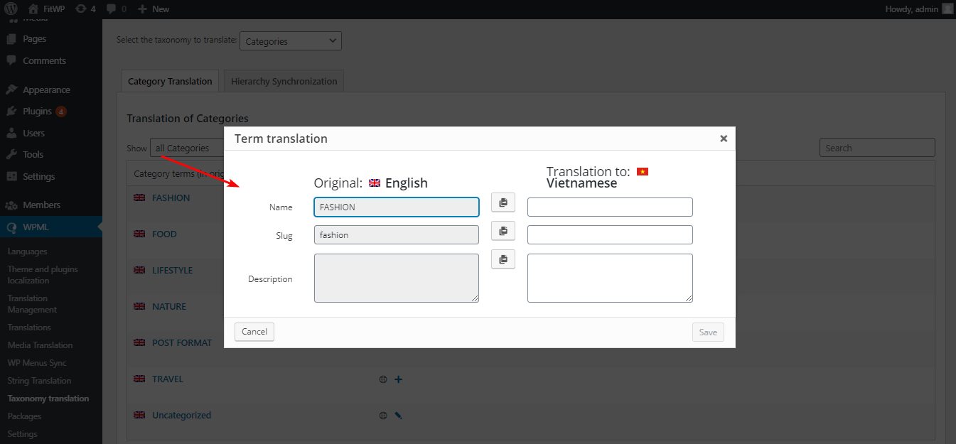 لترجمة تصنيف ، يجب أن تذهب إلى قسم الإعدادات في WPML