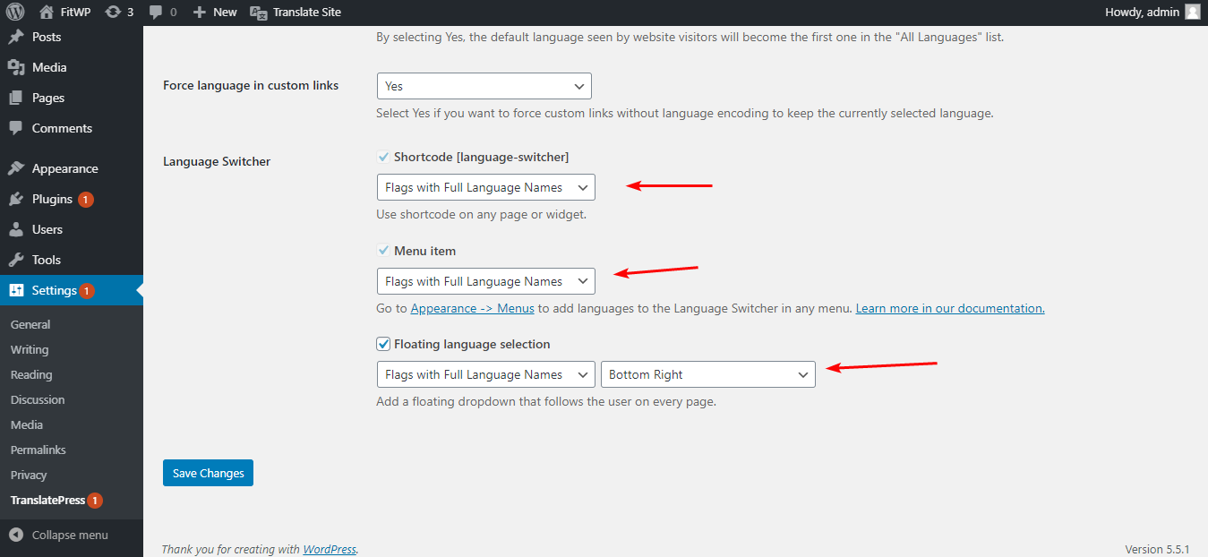 تحتوي TranslatePress على ثلاثة خيارات لعرض زر انتقال اللغة
