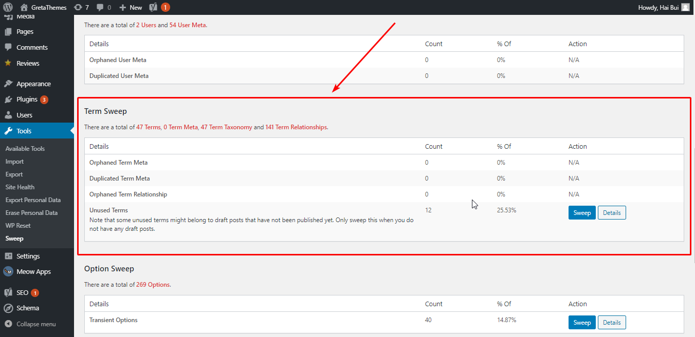 nettoyer les données inutilisées dans Term Sweep