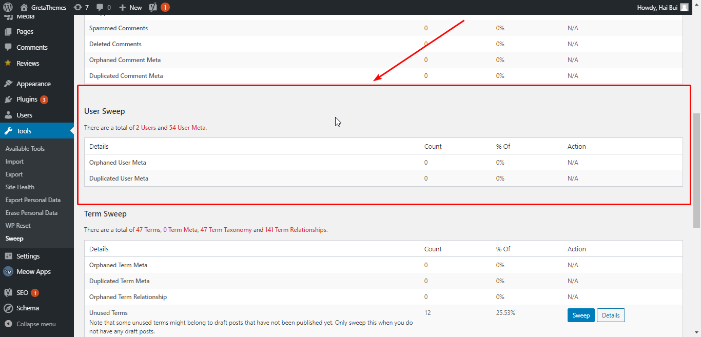 Nettoyer les données User Sweep dans WordPress