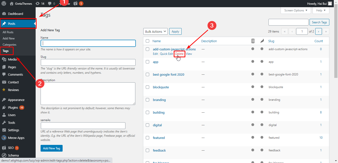 supprimer les données inutilisées dans les balises et les catégories directement depuis le tableau de bord d'administration
