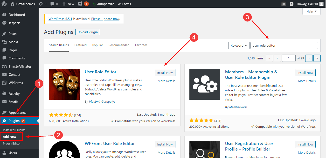 USer RoleEditorプラグインをインストールしてアクティブ化する