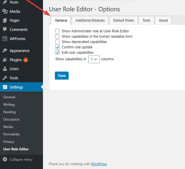 ユーザーロールを構成するための[全般]タブのオプション