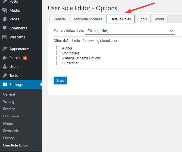 WordPressプラグインの[デフォルトの役割]タブを構成する