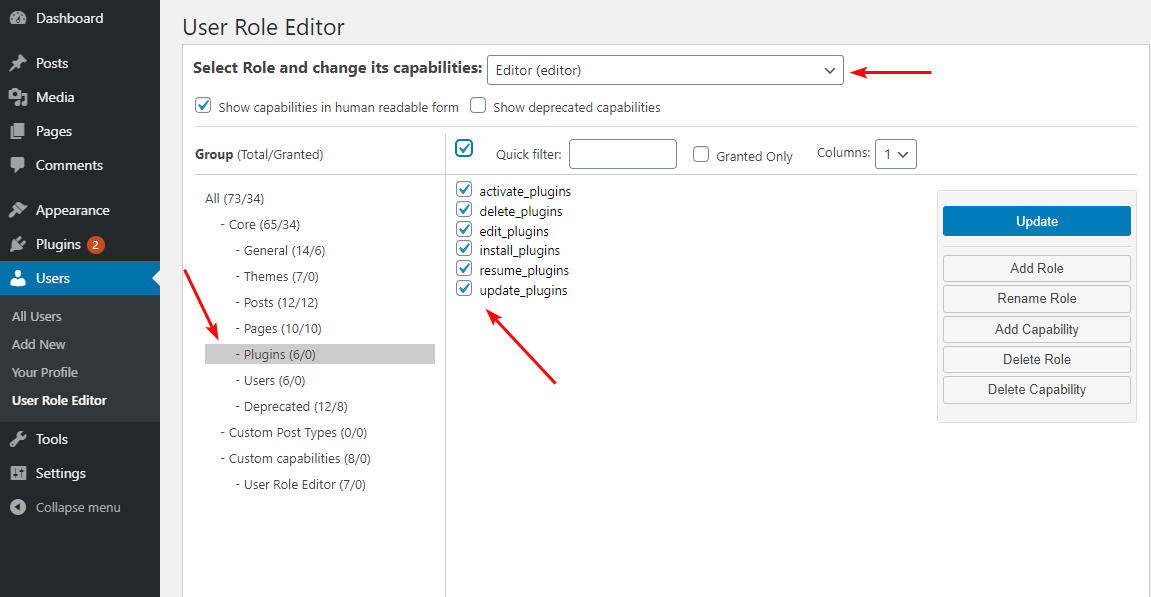 選択したユーザーロールの機能を編集する